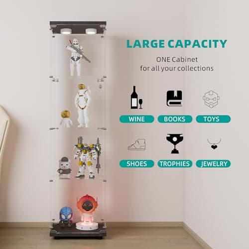 FANYUSHOW Display Cabinet with Glass Door and LED Light, 4-Tier Tempered Glass Display Shelf, Glass Curio Cabinet Collection Display Case, Display Case Cabinet, Black 64.7" H x 16.7" L x 14.37" W 6