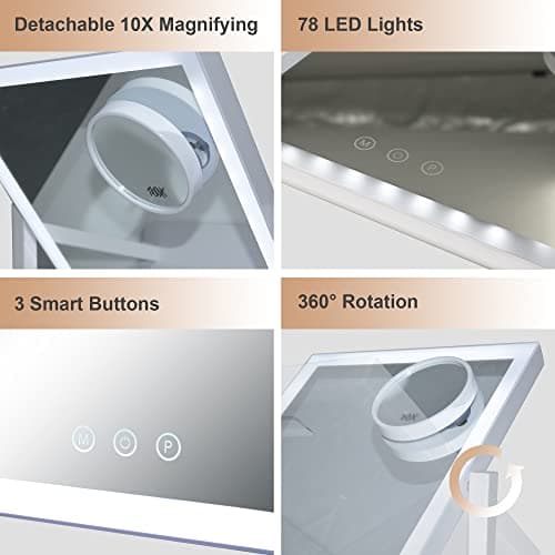 SLIMOON Hollywood Vanity Mirror with Lights, Lighted Makeup Mirror with Detachable 10X Magnification Mirror, 1200mAh Rechargeable Makeup Mirror with Lights, Touch Control 6