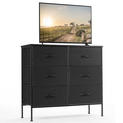 DUMOS TV Stand for Living Room, Dresser for Bedroom Chest of Dresser with 6 Fabric Drawers Storage Organizers Units, Nightstand for Bed, Black