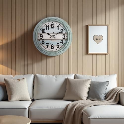 ZENFUN 12'' Rustic Wall Clock, Silent Non Ticking Clock Quartz Wall Clock Battery Operated, Country Style Wall Decoration for Kitchen Living Room Home, Office, School, Large Numbers, Green 7