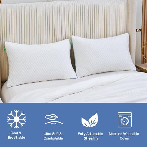 Friendriver Shredded Memory Foam Pillows for Sleeping 2 Pack - Cooling Bed Pillows Standard Size Set of 2 - Firm Pillow for Side and Back Sleepers Adjustable Gel Pillow with Removable Cover 7