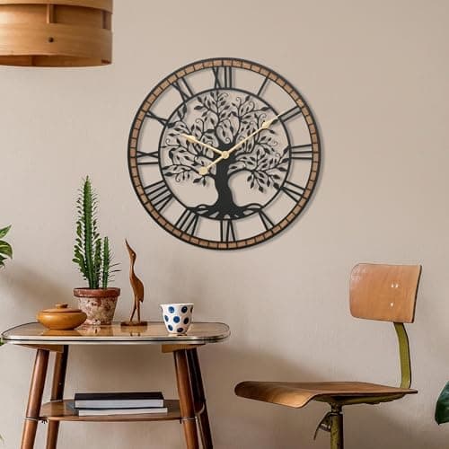 Micasso Farmhouse Large Wall Clock: 24Inch Rustic Tree of Life Metal with Wood Frame - Vintage Battery Operated Wall Clocks for Living Room/Office/Bedroom - Home Decor for Fashion-Conscious 7