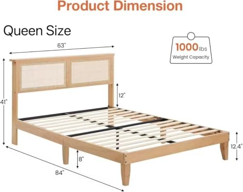 coucheta Rattan Bed Frame Queen with Natural Rattan Headboard,Queen Bed Frame with LED Lights,Rattan Queen Bed Frame with Headboard,Solid Wood Foundation with Silent Slats,No Box Spring Needed(Queen) 8