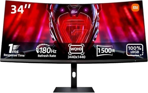 XIAOMI 34-inch Curved Gaming Monitor, 180Hz Refresh Rate, 1ms Response, FreeSync Premium, 95% DCI-P3, 100% sRGB, Low Blue Light Computer Screen Monitor, Desktop Monitor G34WQi