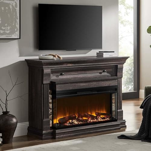 OKD 52 Inch Electric Fireplace with Mantel, Fireplace TV Stand with 36" 3-Sided Glass Electric Fireplace Heater for Living Room, Dark Rustic Oak