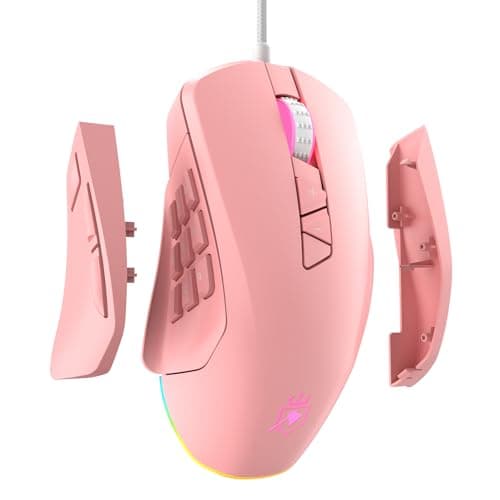 ROYALAXE Wired Gaming Mouse with Side Plates, MMO Mouse with 14 Programmable Buttons, Ergonomic Gaming Mouse with 2 Grip Plates, Computer Mouse with Max 12,400 DPI, RGB Lighting, Pink