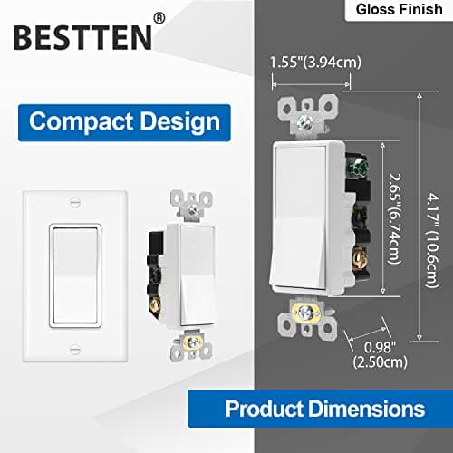 BESTTEN 2 Pack 4-Way Decorator Wall Light Switch with Wallplate, 15A 120/277V, On/Off Paddle Rocker Interrupter, Self-Grounding, UL Listed, White 5
