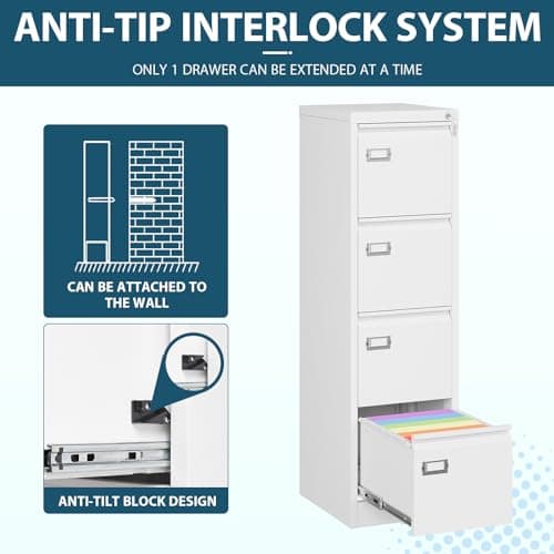 MIIIKO 4 Drawer File Cabinet, White Vertical Filing Cabinets with Lock, Home Office File Folders Storage Cabinet for Letter Legal A4 File Size 5