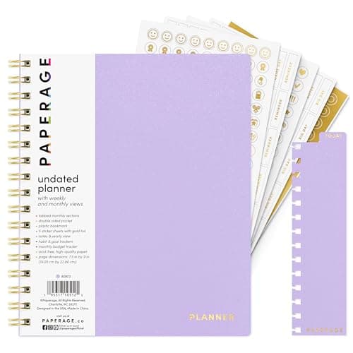 PAPERAGE Undated 12 Month Weekly & Monthly Planner with Durable Cover & Spiral Binding, 7.5 in x 9 in, Productivity Planner with Note Pages, Goals & Budget Trackers, Stickers & Bookmark (Lavender)