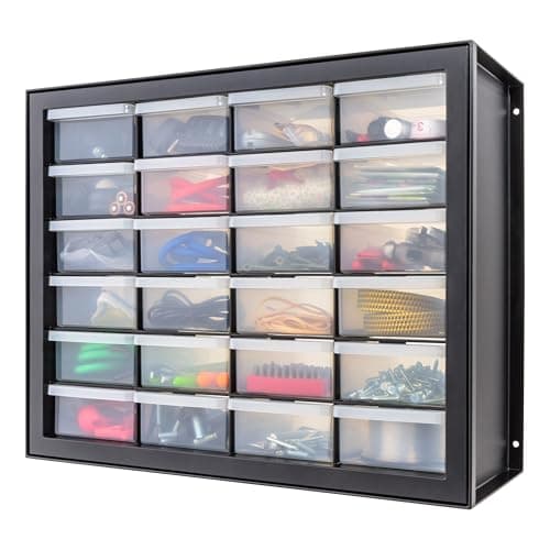 IRIS USA Plastic Storage Drawers, Made in USA, 24-Drawer Small Parts Organizer, Stackable Teacher Toolbox for Hardware, Screws, Nuts & Bolts, Stickers, Beads, Building Bricks, Garage Storage – Black