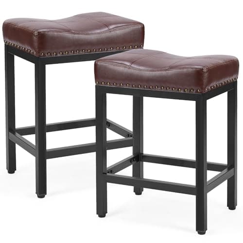 Sweetcrispy Bar Stools Set of 2，Counter Height Bar Stools，24 inch Bar Stools，Modern Kitchen Barstools with Metal Base, PU Leather Saddle Stools for Kitchen Island