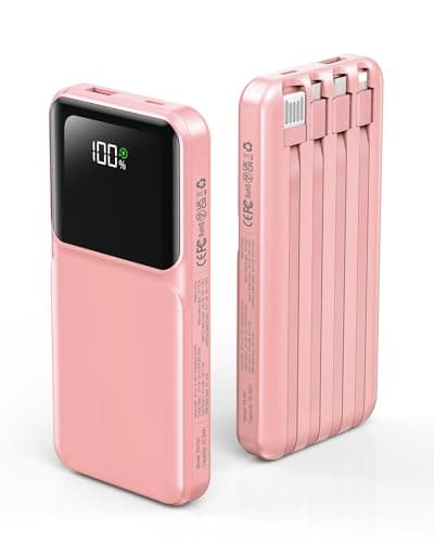 RONEGN Portable Charger with Built in Cable - Power Bank Fast Charging USB C LED Display 10000mah Battery Pack 5 Outputs & 3 Inputs for Travel Essentials iPhone Samsung Android Phones Tablets Pink