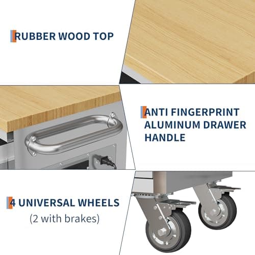 IDEALHOUSE 61 inch Rolling Tool Chest, Garage Workbench with 9 Drawers, Solid Rubber Wood Top & with Wheels Lock Key Locking, Mobile Workstation Tool Cabinet for Workshop Storage 6