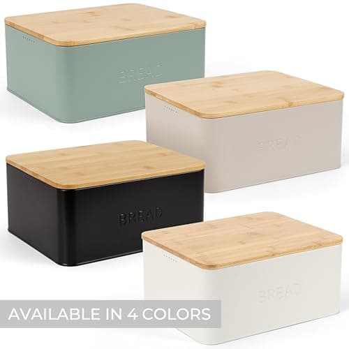 ZICOTO Beautiful Bread Box With Wooden Lid For Your Kitchen Countertop - Spacious Container Perfectly Stores Your Homemade Bread, English Muffins & Bagels - Quality Cutting Board Lid Keeps Loaf Fresh 9