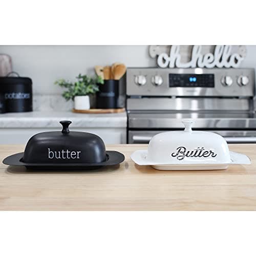 AuldHome Design Enamelware Black Butter Dish, Modern Farmhouse Style Enamelware Butter Server w/Cover 9