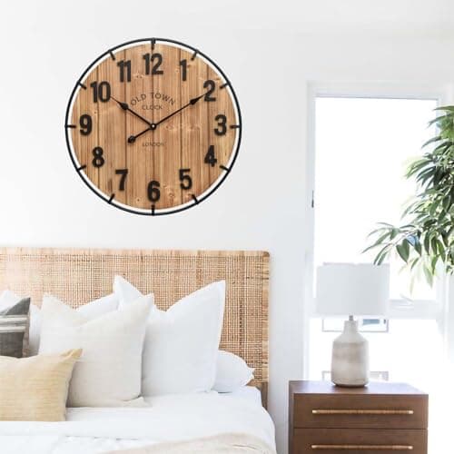 EMAX HOME Large Old Town Farmhouse Wall Clock 24 Inch Rustic Antique Wood with Metal Circle and Large Numerals Silent Battery Operated Wall Clock for Office Kitchen Bedroom Living Room 6
