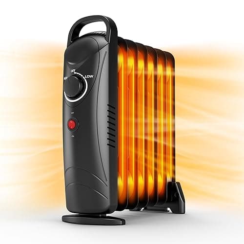 Air Choice Oil Filled Radiator Heater, 700W Oil Heater with Adjustable Thermostat, Overheat Protection, 2 Heat Settings, Portable, Quiet & Durable Electric Heating for Indoor, Black