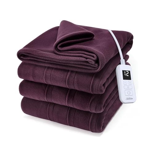 Sunbeam Royal Ultra Fleece Heated Electric Blanket Twin Size, 84" x 62", 12 Heat Settings, 12-Hour Selectable Auto Shut-Off, Fast Heating, Machine Washable, Warm and Cozy, Claret
