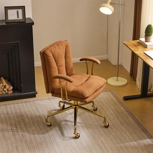 VINGLI Home Office Desk Chair Comfy with wheels&Removable Armrests,Gold Base Vanity Chair with Back,Adjustable Rolling Swivel Computer Task Chair for Study,Makeup,Office,Bedroom,Microfiber/Suede,Brown