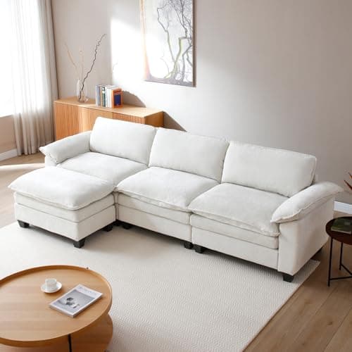 mestyl Modular Sectional Sofa Comfy Cloud Couch, L Shaped 3 Deep Seat Sofa Couch with Ottoman, 120" Soft Modern Couches Set for Living Room, Chenille, Beige White, MT001