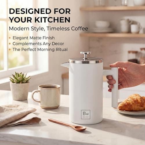 Barista Warrior French Press Coffee Maker Stainless Steel with Built-In Thermometer - Insulated Double Wall Design, Dual Filter System, Stay-Cool Handle & Wood Spoon - White 2