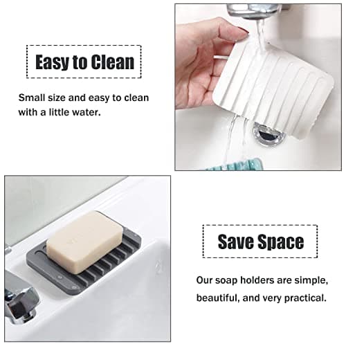 Self Draining Soap Dishes, 3 Pcs Silicone Soap Saver, Waterfall Drainer Soap Holder for Bathroom, Extend Soap Life, Keep Soap Bars Dry Clean & Easy Cleaning (White, Gray, Teal) 2