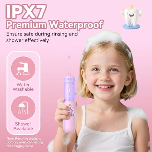 JTF Portable Water Flosser for Kids: 4 Gentle Modes for Ages 6+, Safe & Effective for Sensitive Teeth, Braces - with DIY Stickers, 4 Nozzles, Travel Bag, Mini Compact Oral Irrigator for Home & School 7