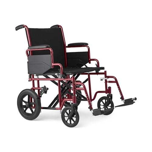 Medline Bariatric Transport Chair for Adults and Seniors, Supports up to 450 lbs, Extra-Wide 22" Seat, Transport Wheelchair has Swing-Away Desk Length Arms and Swing-Away Footrests, Red