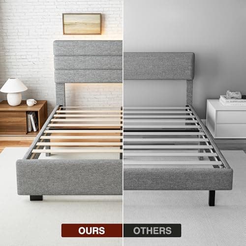 ZENBEDING Upholstered Bed Frame Queen Size with Linen Headboard, Queen Platform Bed Frame with LED Lights, Modern BedFrame with Footboard, No Box Spring Needed, Light Gray 6