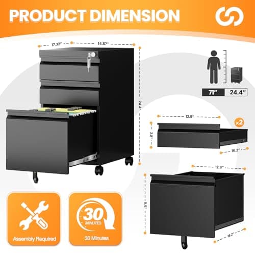 AFAIF 3 Drawer Mobile File Cabinet with Lock, Rolling Filing Cabinets for Home Office, Under Desk Small File Cabinet Three Drawers for Legal/Letter/A4 File, Black - Assembly Required 3