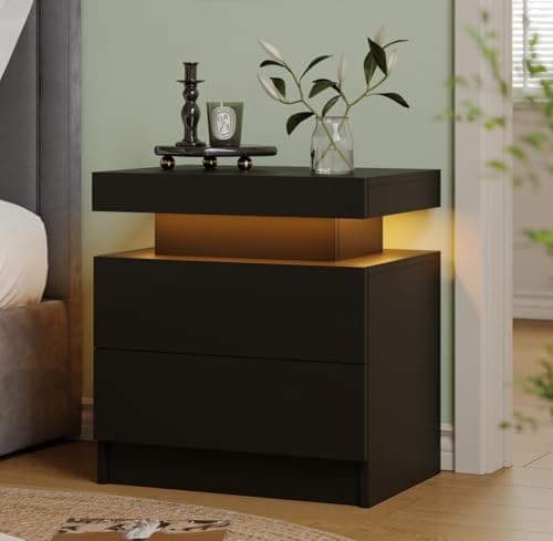 Black LED Nightstand Modern Night Stand for Bedroom Bedside Table with 2 Wood Drawers End Side Table