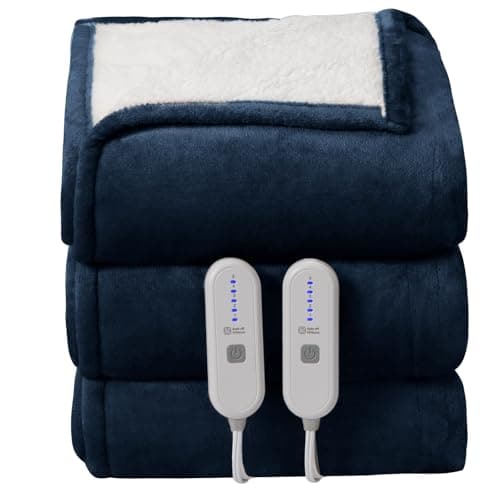 FVERWAG Queen Size Heated Blanket - Dual Control Electric Blanket Queen with 5 Heating Levels, 10 Hours Auto Off, Overheat Protection, Washable Flannel Sherpa Heating Blanket, 84 x 90 Inch, Navy 9