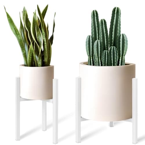 IZIDDO 2 Pack Adjustable Plant Stand, Metal Planter Stands Indoor Outdoor, Mid Century Modern Plant Holder, Fit 8 10 12 inch Pots, White (Pot & Plant Not Included)