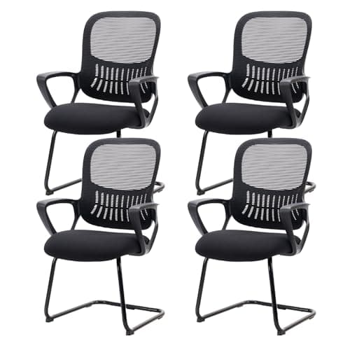 DUMOS Home Office Desk Chair No Wheels Set of 4, Ergonomic Executive Sled Base Mesh Computer Chairs with Comfy Arms and Lumbar Support for Home Bedroom Waiting Reception Guest