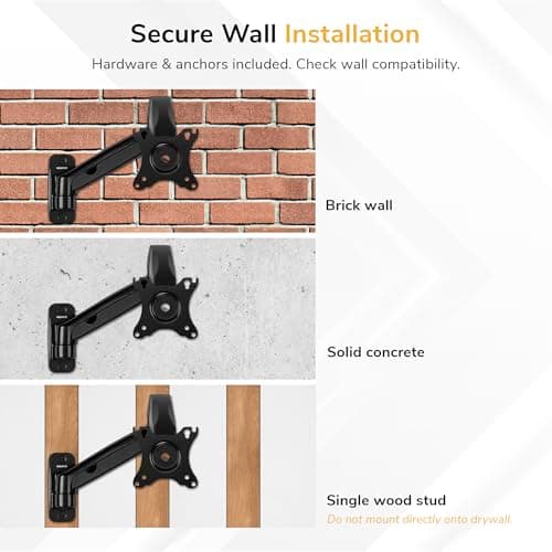 Mount-It! Monitor Wall Mount Arm, Full-Motion Gas Spring, Fits 13–32″ Screens up to 14.3 lbs, VESA 75x75 & 100x100, Tilt Swivel Rotate, Single-Stud Wall Mounted Computer Monitor Arm, RV Compatible 9