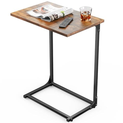 Pipishell C-Shaped Side Table, C Table for Sofa with Two-Piece Desktop & Metal Frame, Large Surface End Table for Living Room, Bedroom, Bedside, Rustic Design