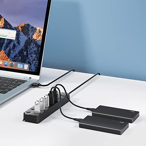 ONFINIO USB Hub 3.0, 7-Port USB Hub Splitter with Individual On/Off Switches and Lights, 3.2ft/1m Long Cable Compatible with MacBook, Laptop, Surface Pro, PS4, PC, Flash Drive, Mobile HDD 6