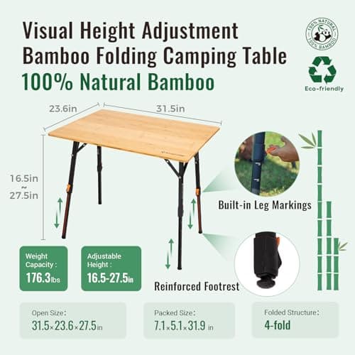 KingCamp Bamboo Folding Table, 4-Fold Camping Adjustable Height Portable Outdoor Lightweight & Compact Table with Aluminum Frame for RV Picnic BBQ Tailgating 2