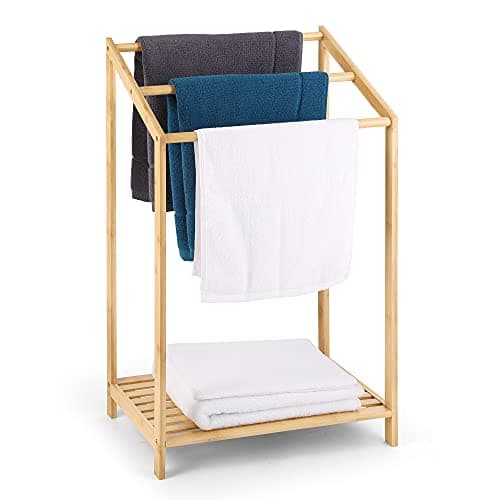 HYNAWIN Bamboo 3 Tier Towel Rack for Bathroom, Freestanding Beach Towel with Storage Shelf, Poolside Rack with Bottom Organizer for Bath, Hand Towel, Laundry