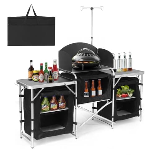 Pnbfhn Camping Kitchen Table, Folding Table,Outdoor Cooking Table with Storage Carrying Bag, Aluminum Cook Station with Windscreen and 3 Multifunctional Storage Cupboards, BBQ, Outdoor, RV, Party