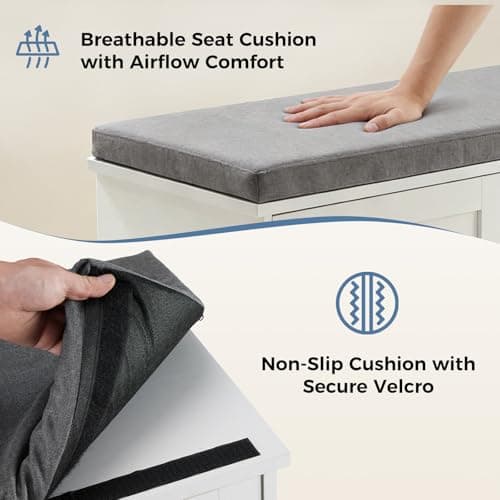 DUMOS Shoe Storage Bench, 47" Wide Shoe Organizer Cabinet with Padded Seat Cushion, 4 Doors, Adjustable Shelf for Entryway, Hallway, Bedroom, Living Room, White 7