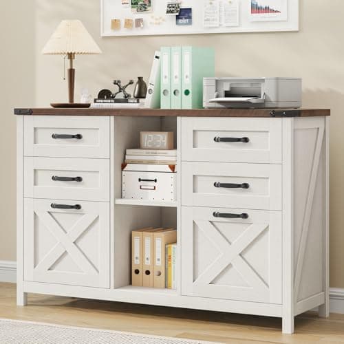 Lateral File Cabinet with 6 Drawers, Farmhouse Filing Cabinet for Letter/A4 Size, Wood File Storage Cabinets Printer Stand with Open Storage Adjustable Shelf for Home Office Cabinets, White and Brown