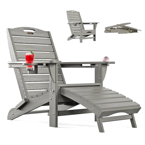Ciokea Folding Adirondack Chair with Retractable Ottoman Fire Pit Patio Chair with Pull Out Foot Rest Weather Resistant Lawn Outdoor Chair with 2 Cup Holder (Grey)