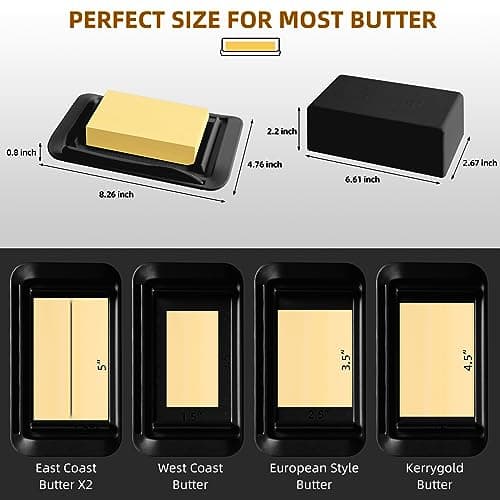 Bamboo Butter Dish with Lid,Knife,Large Butter Keeper for Countertop and Fridge,Holder Container for 2 Sticks East Coast/West Coast/European Style/Kerrygold Butter,Dishwasher Safe,Black 5