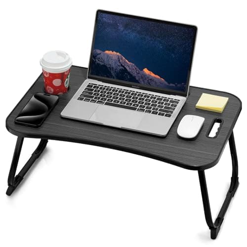 ZEAPTAC Laptop Bed Desk, Foldable Lap Desk, Portable Lap Table, Laptop Stand with Cup Holder & Tablet Slot & Lifting Handle for Working Writing Drawing & Eating - Black Stripe