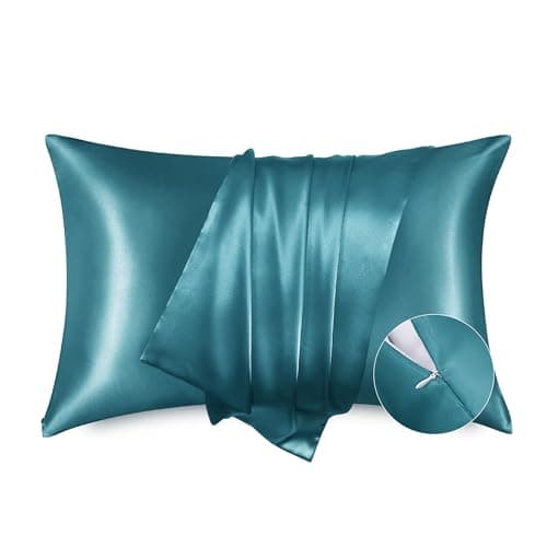 Bedsure Satin Pillowcase with Zipper, Similar to Silk Pillow Cases 2 Pack, Satin Pillow Cases Queen Size Set of 2, Silky & Soft Teal Pillow Covers for Hair and Skin, Gifts for Women Men, 20x30 Inches