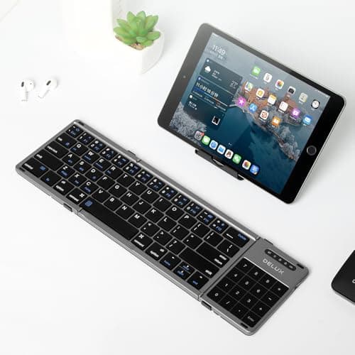 DeLUX Tri-fold Keyboard with Touchpad and Numeric Keypad, 2.4G Wireless Bluetooth KBD, Rechargeable Portable Travel Folding Keyboard with PU Leather, Compatible for iOS/Android/Windows/Tablet (KF18) 8