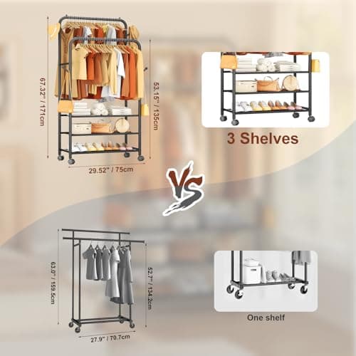 Furologee Clothes Racks for Hanging Clothes, Portable Rolling Garment Rack, Sturdy Metal Freestanding Cloths Racks with Wheels, Double Rods Wardrobe Rack for Bedroom Laundry Living Room 8