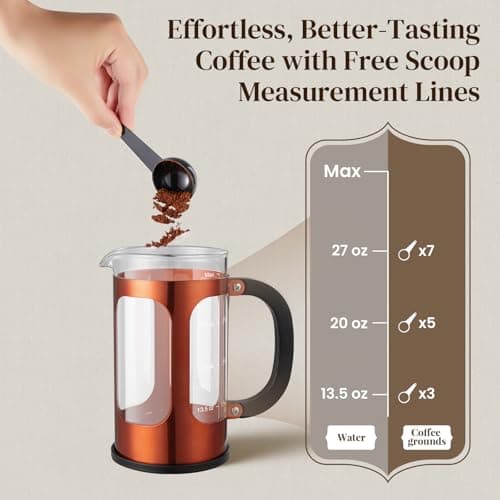 Veken French Press Coffee Maker 34oz 1 L, No Plastic Touching Cafe, Heat Resistant Thickened Borosilicate Glass, Stainless Steel Brewer, Cold Brew Cafetera Teapot for Kitchen Travel Camping, Copper 8
