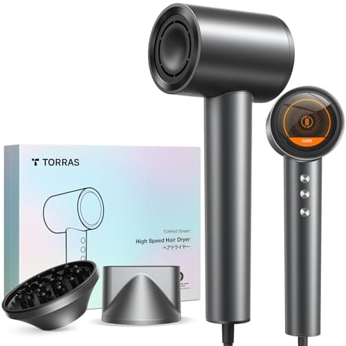 TORRAS Stream Hair Dryer, Space Gray, High-Speed 29.3m/s, 1600W, Hair Care Mode, Ionic Care, 2 Modes, 3 Speeds, 3 Heat Levels, with Diffusers, Aerospace Alluminum